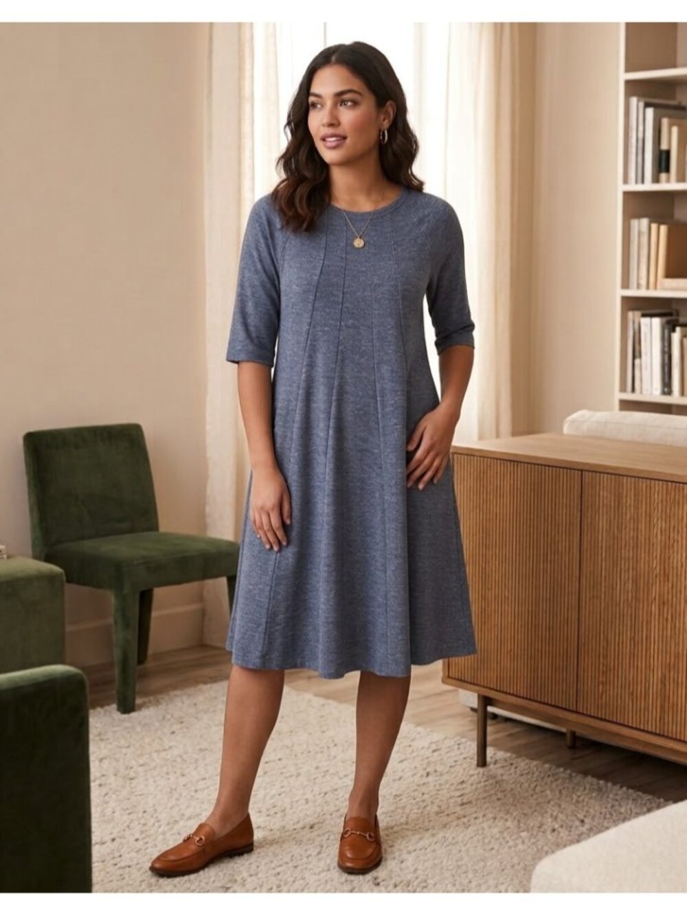 Ganni Womens XL Blue Heathered Winter Jersey A Line Dress Cotton Raglan Sleeve